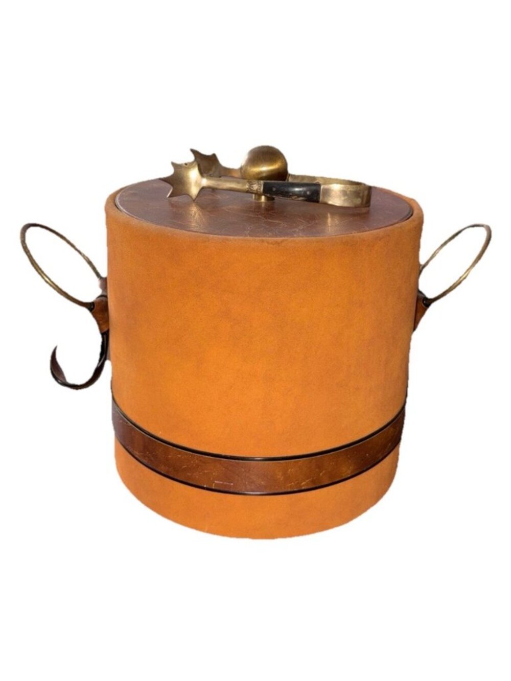 Vintage Elmar Mfg. LA USA Ice Bucket  Brown Suede  Faux Leather Brass 8 x 8”